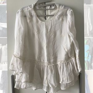 Zara White/Cream Chiffon Embroidered Top